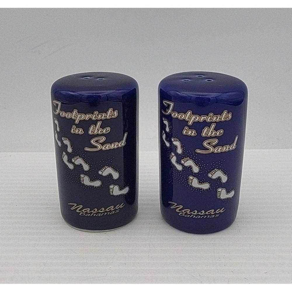 Vintage Salt & Pepper Shakers, Cobalt Blue Footprints in the Sand Nassau Bahamas